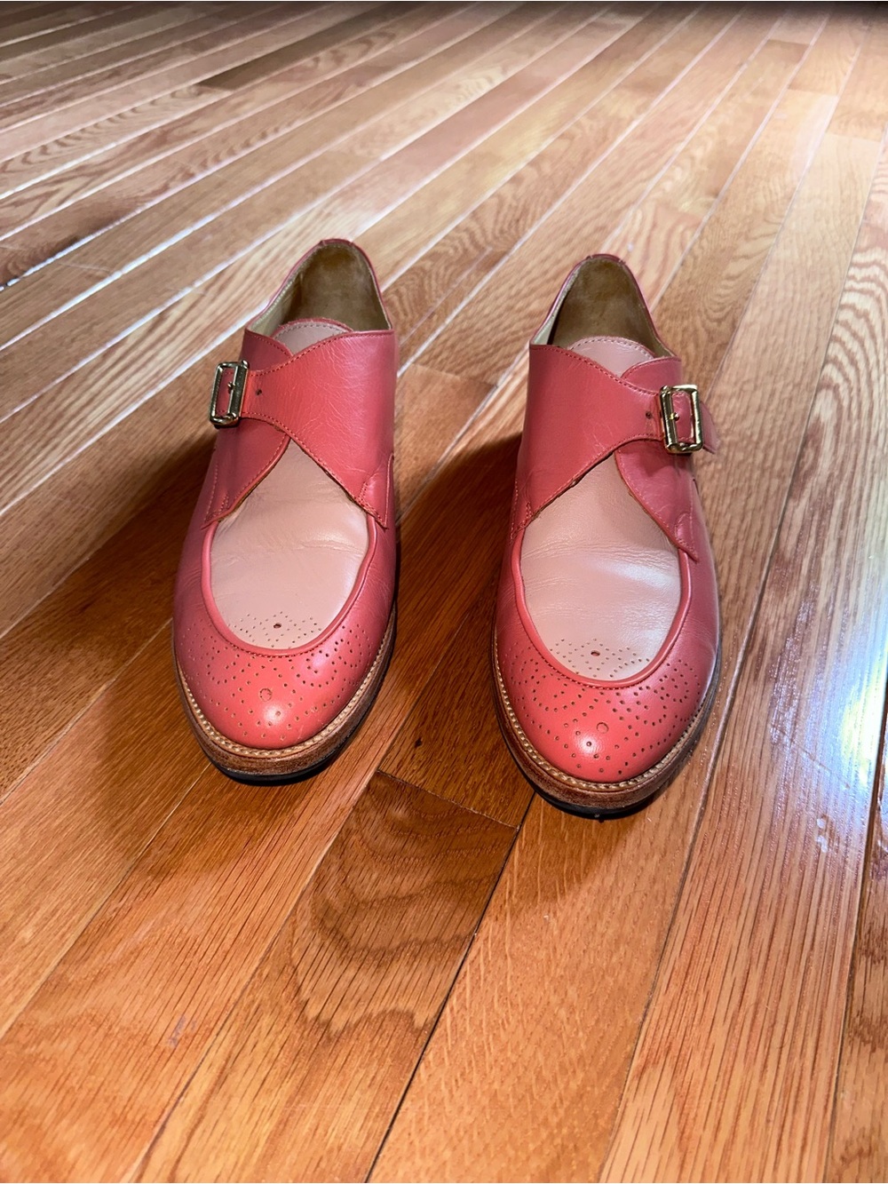 The Office of Angela Scott Mr. Georgie Monk strap Coral & pink Leather loafers